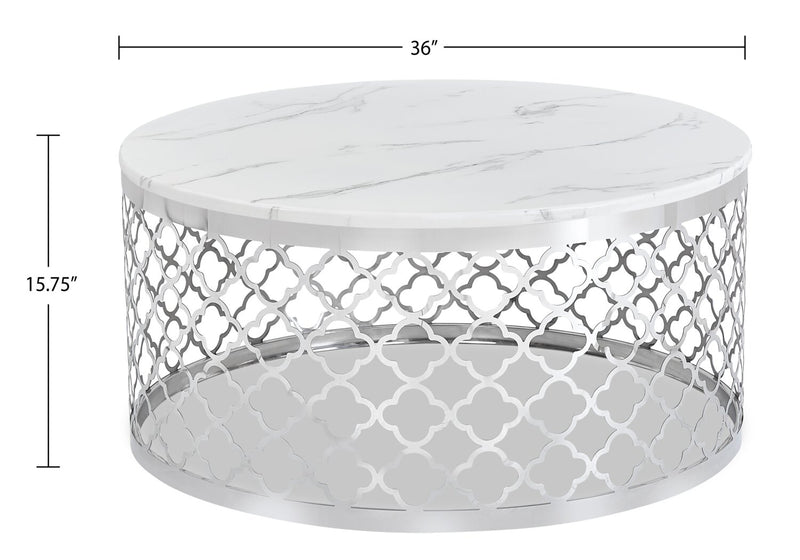 Belle 36\" Glam Round Sofa Table - White Marble Top with Stainless Steel Base