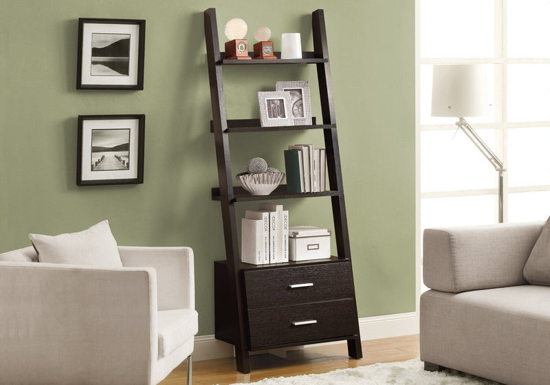 Ronan 25.5\" Ladder Bookcase with Open Shelves & 2-Drawers - Espresso 