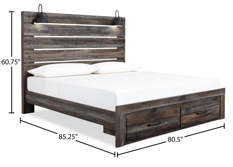 Abby 6pc Bedroom Set with Storage Bed, Dresser, Mirror & Nightstand, LED, USB, Brown - King Size