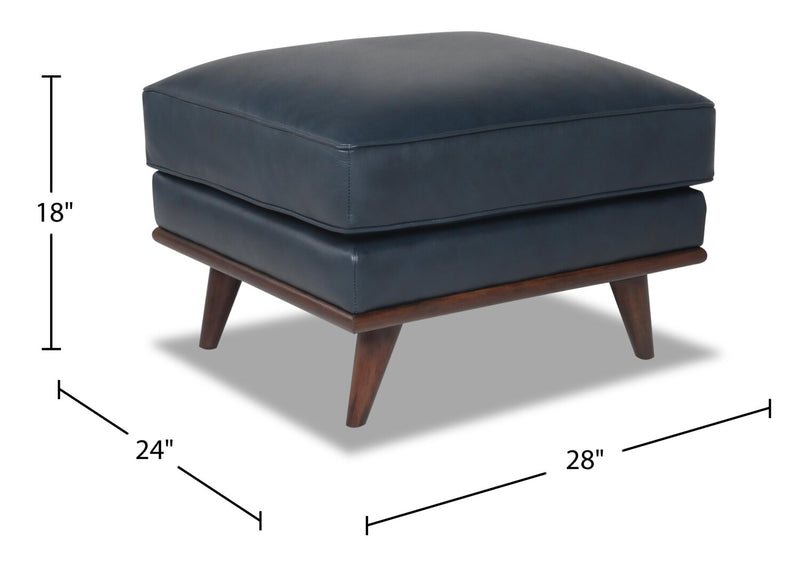 Vivia 28\" Genuine Leather Ottoman with Wood Base - Navy Blue