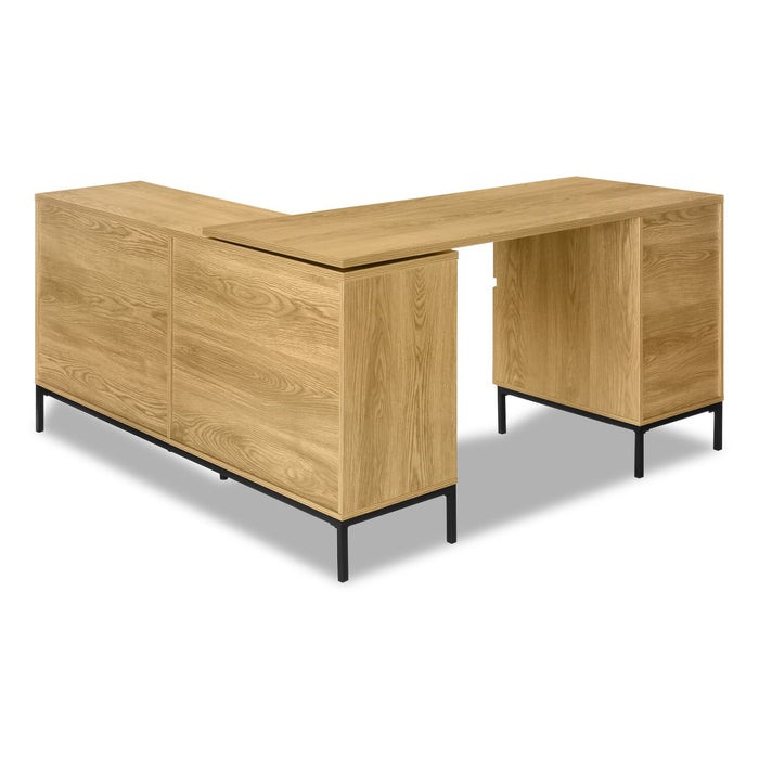 Sean 60\" L-Shaped Office Desk with 3-Drawers & 4 Cubbies - Oak
