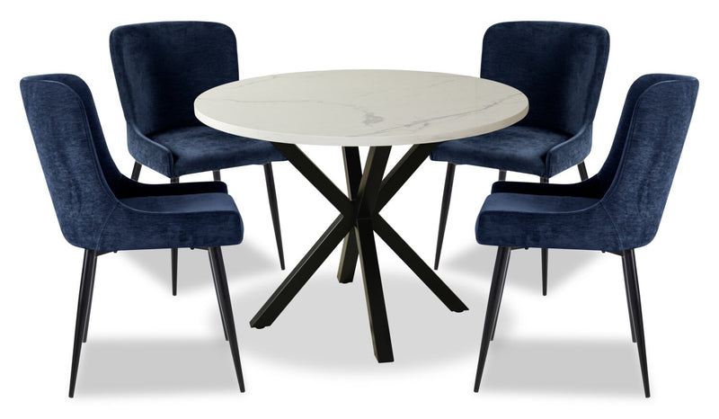 Verona 5pc Dining Set with Table & 4 Lexi Chairs, Culture Marbled Top, Metal, 42\"W Round - Blue
