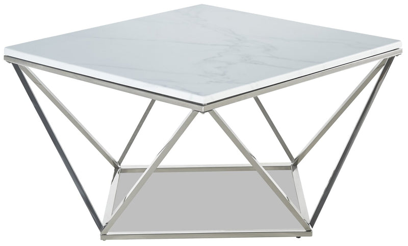 Amanda 31.5\" Modern Square Coffee Table - White Marble Top with Chrome Metal Base