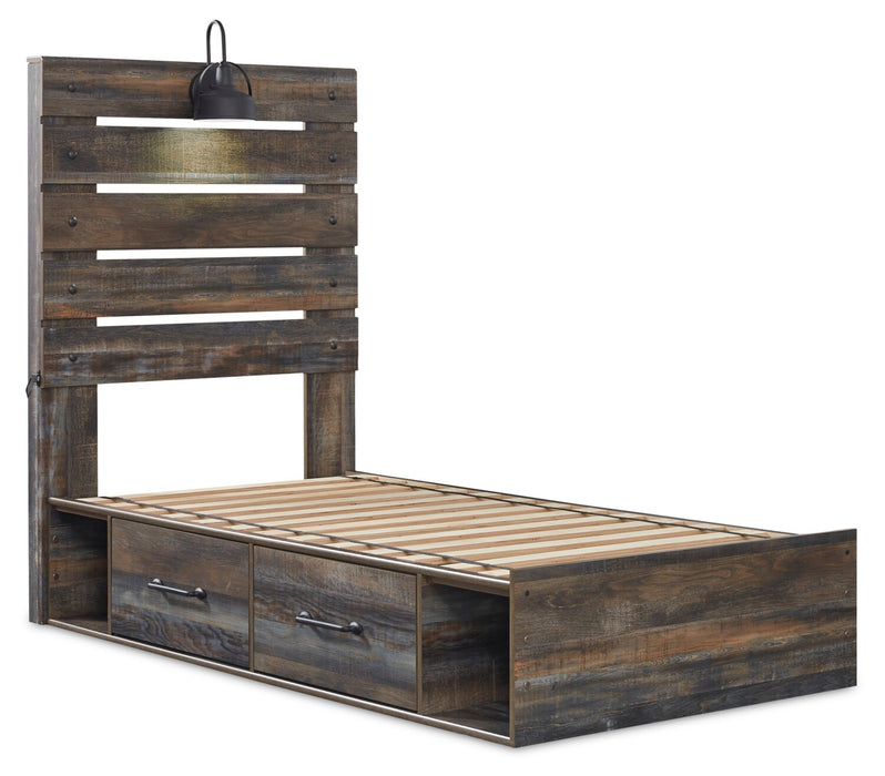 Abby Side Storage Bed with LED Light & USB Ports for Kids, Brown - Twin Size