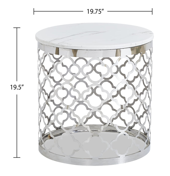 Belle 19.75\" Glam Round End Table - White Marble Top with Stainless Steel Base