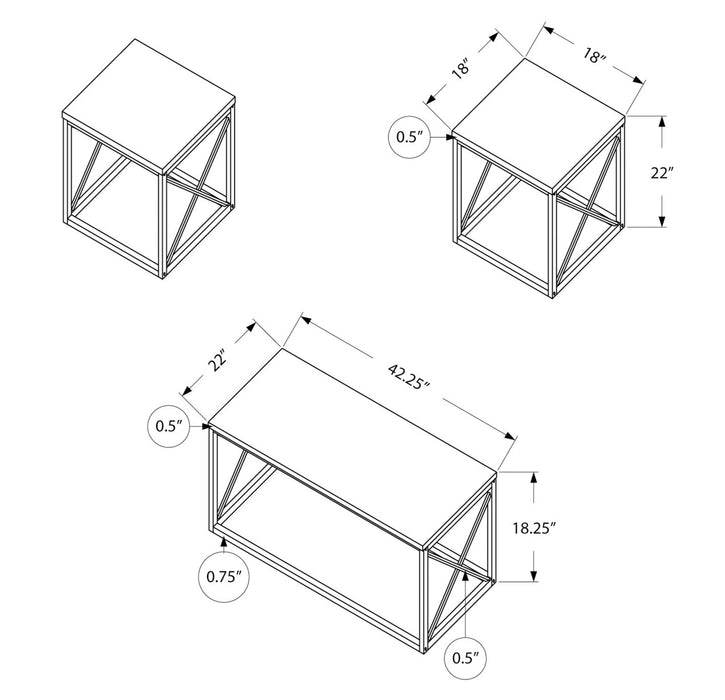 Kasey 42.25\" Modern 3-Pack Coffee + 2 End Tables - Black Marble Look with Black Metal Base