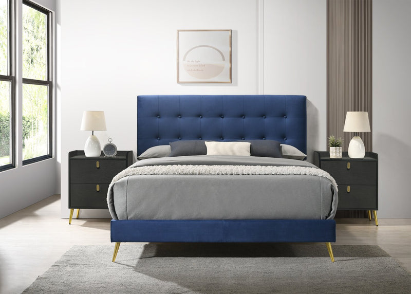 Gabi Upholstered Bed in Blue Velvet Fabric with Gold Finish Legs, Button Tufted - King Size