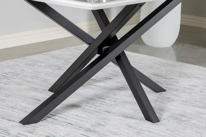 Bari Dining Table with Marble-Look Ceramic Top, Metal, Geometric Base, 63\"W - White