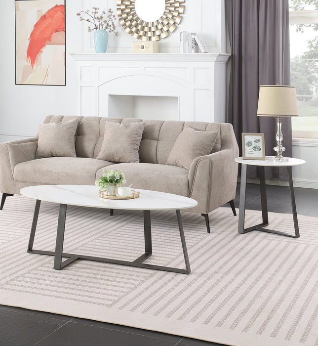 Kort & Co. Nico 51\" Modern Oval Coffee Table - White Sinetered Stone with Dark Grey Metal Legs