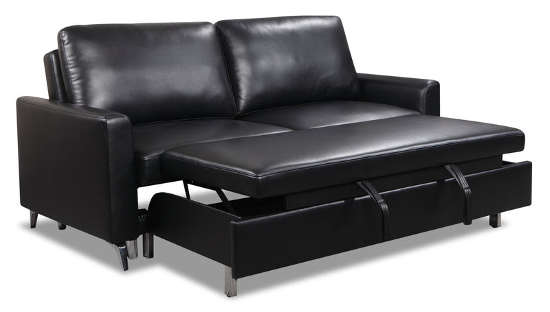 Wilson 77.5\" Leather-Look Fabric Sleeper Sofa with Drop-Down Back Cushions and Metal Legs - Black
