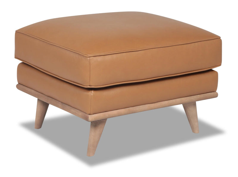 Vivia 28\" Genuine Leather Ottoman with Wood Base - Caramel Brown 