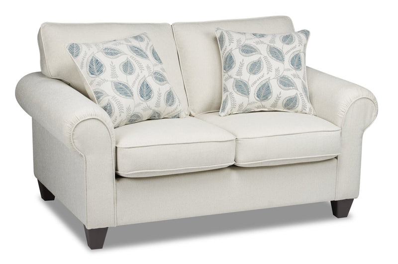 Made in Canada Scarlett 64\" Chenille Fabric Loveseat with Rolled Arms and Accent Pillows - Ecru Beige
