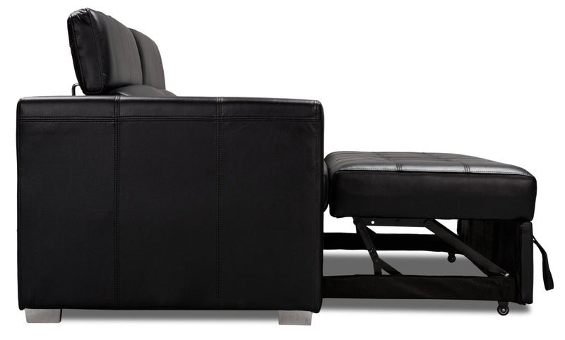 Drake 87\" Leather-Look Fabric Sleeper Sofa with Pull Out Sleeper, Flip-Up Headrests and Button Tufting - Black