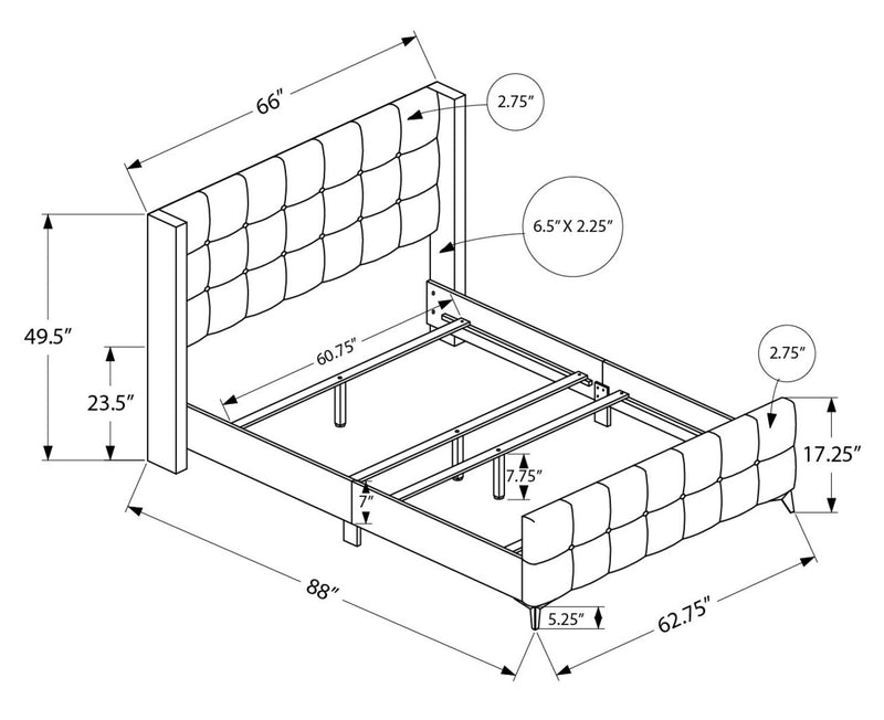 Zara Upholstered Bed in Grey Linen-Look Fabric - Button Tufted - Queen Size