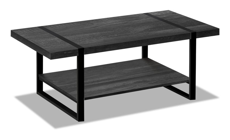 Avery 47.25\" Industrial Coffee Table with Shelf - Black with Black Metal Legs
