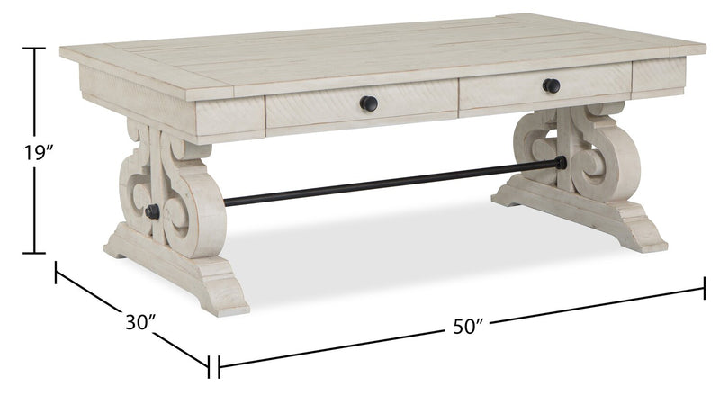 Bronwyn 50\" Traditional Coffee Table with Storage - Alabaster Pine with Scroll Design Wood Base
