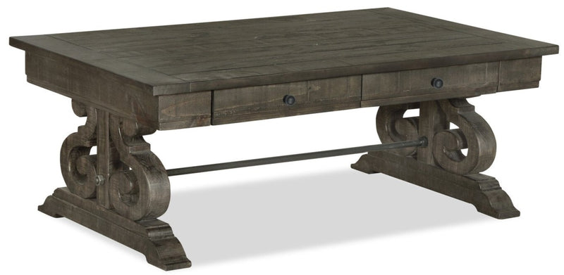 Bellamy 50\" Traditional Coffee Table with Storage - Dark Brown Pine with Scroll Design Wood Base