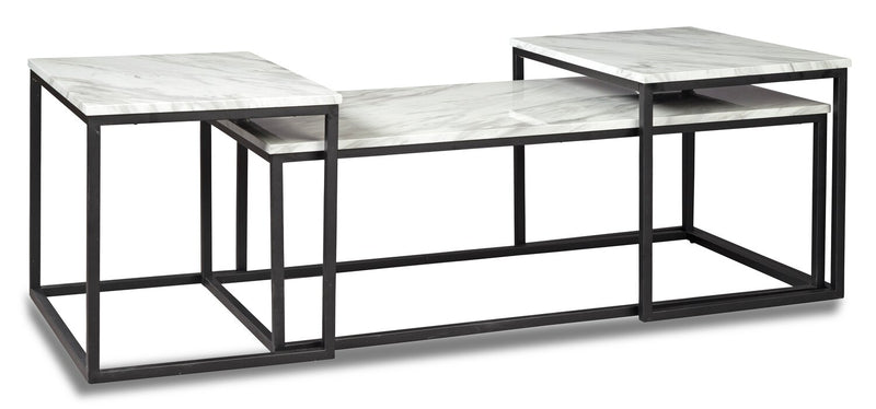 Donnesta 46\" Modern 3-Pack Coffee + 2 End Tables - Marble Look with Black Metal Frame