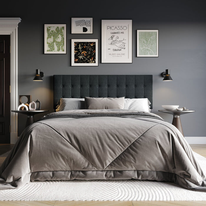 Ellis Upholstered Headboard in Charcoal Fabric, Button Tufted - King Size
