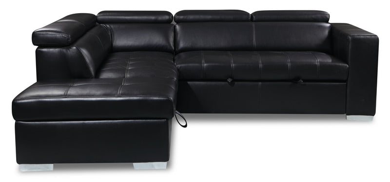 Drake 3-Piece Left-Facing Leather-Look Fabric Sleeper Sectional with Storage Ottoman - Black