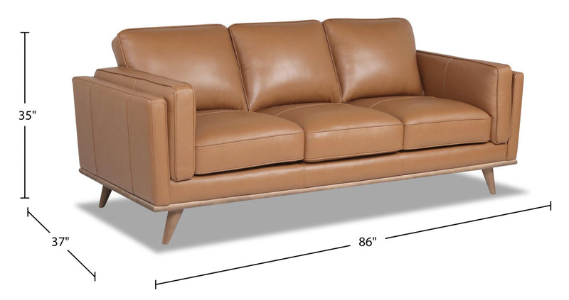 Vivia 86\" Genuine Leather Sofa with Removable Seat Cushions and Wood Base - Caramel Brown 