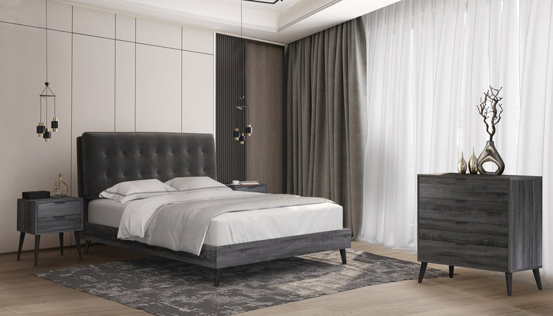 Nash Upholstered Platform Bed in Dark Grey Fabric, Button Tufted - Queen Size