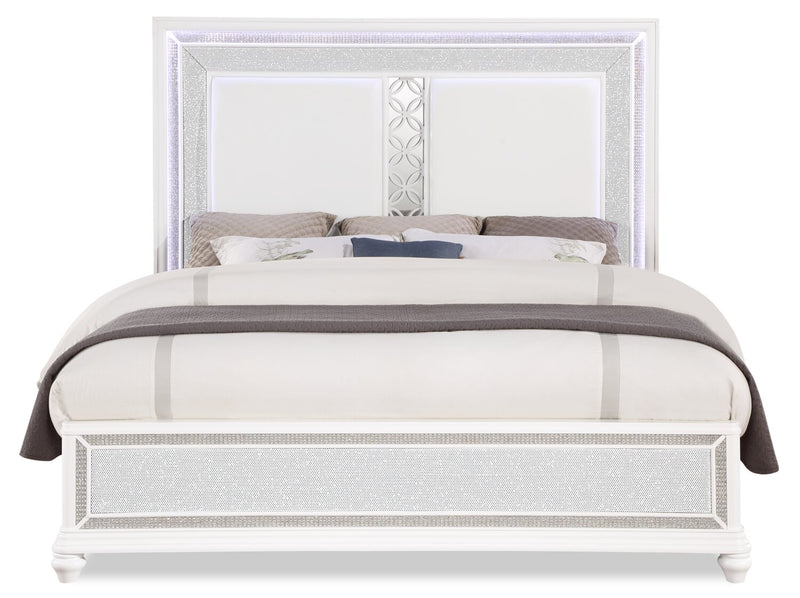 Ava Panel Bed with Headboard & Frame, LED, Glam, White - King Size