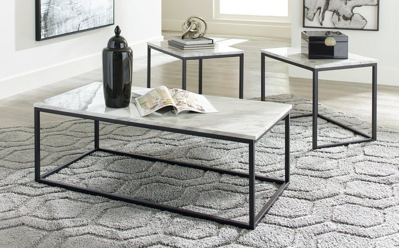Donnesta 46\" Modern 3-Pack Coffee + 2 End Tables - Marble Look with Black Metal Frame
