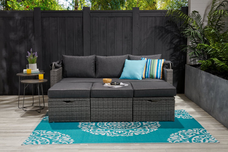Cuba Canopy Outdoor Patio Conversation Set with Canopy Sofa, Ottoman & 2 Self-Storing Ottomans - Hand-Woven Resin Wicker, UV & Weather Resistant - Charcoal