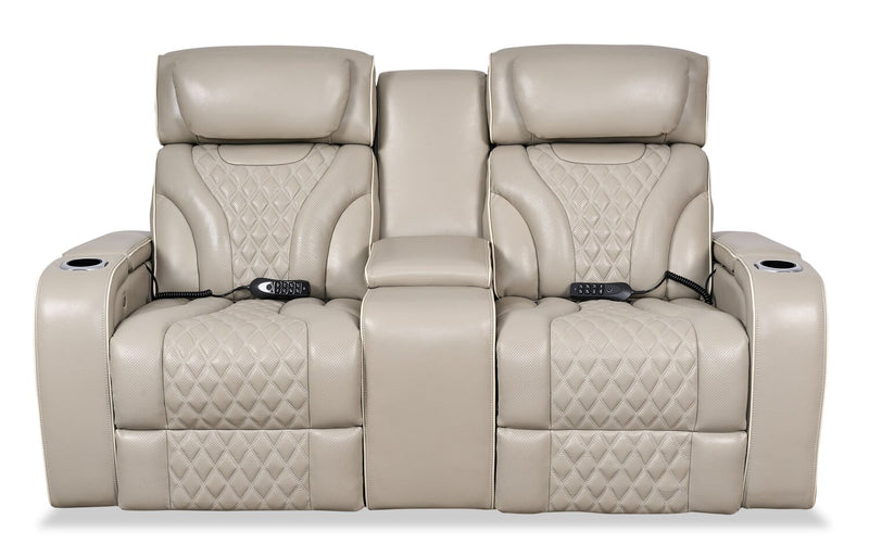 Elite 74\" Genuine Leather Massage Power Reclining Loveseat with Power Headrests and Storage Arms - Grey
