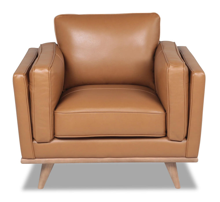 Vivia 40\" Genuine Leather Chair with Removable Seat Cushion and Wood Base - Caramel Brown