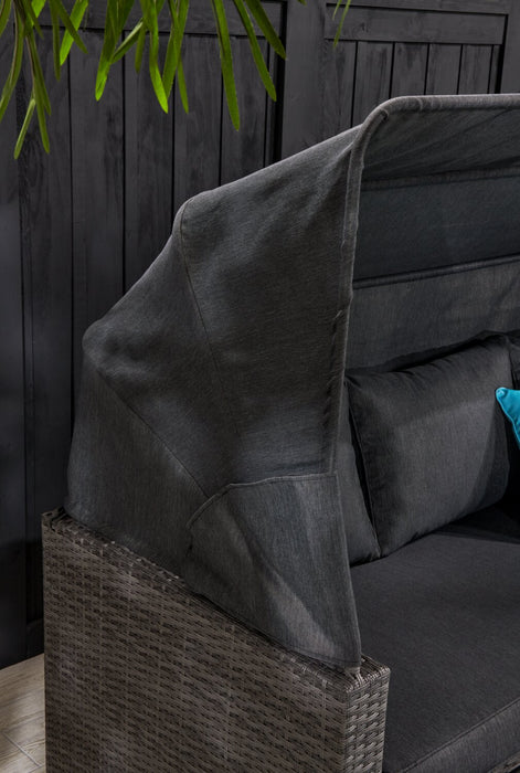 Cuba Canopy Outdoor Patio Conversation Set with Canopy Sofa, Ottoman & 2 Self-Storing Ottomans - Hand-Woven Resin Wicker, UV & Weather Resistant - Charcoal