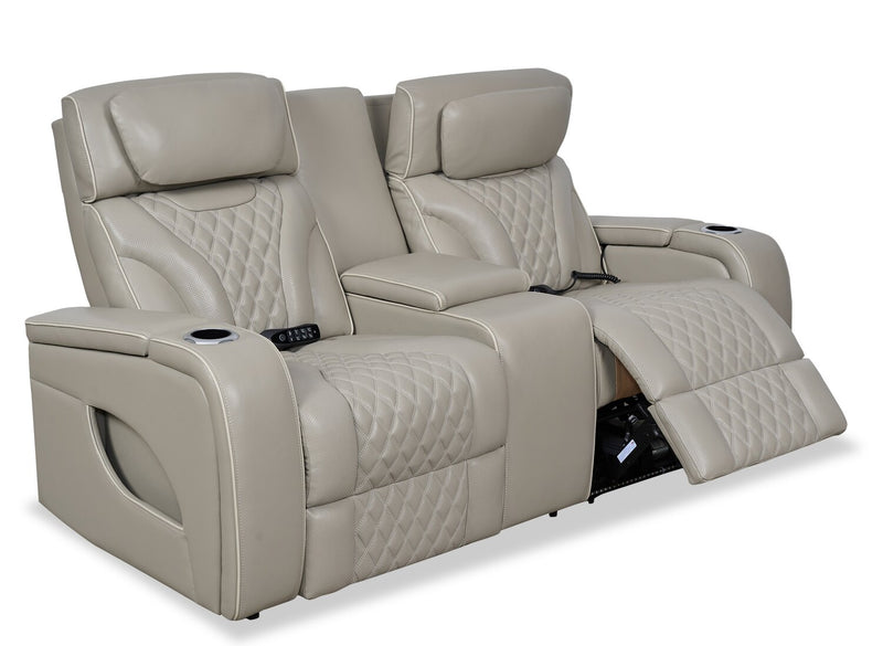 Elite 74\" Genuine Leather Massage Power Reclining Loveseat with Power Headrests and Storage Arms - Grey