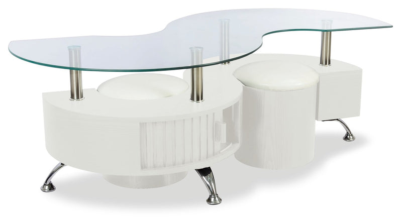 Savon  52.5\" Modern S-shaped 3-Pack Coffee + 2 Ottomans with Storage and Shelf - White Wood and Chrome 