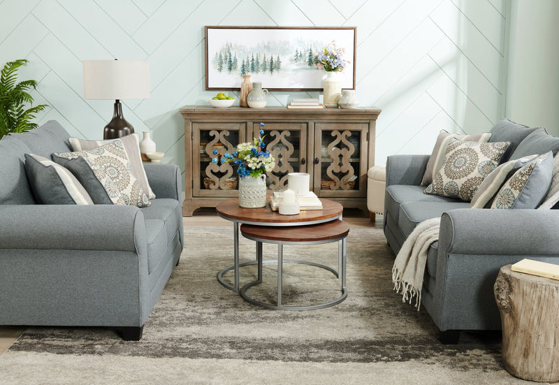 Made in Canada Tula 65\" Fabric Loveseat with Rolled Arms and Accent Pillows - Steel Grey