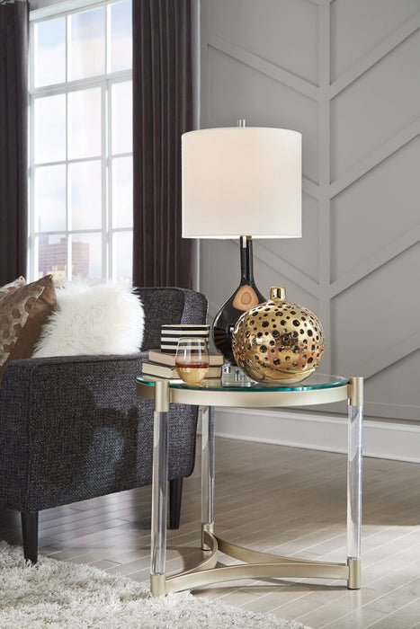Silas  25.5\" Modern Round Glass Top End Table - Platinum with Metal and Acrylic