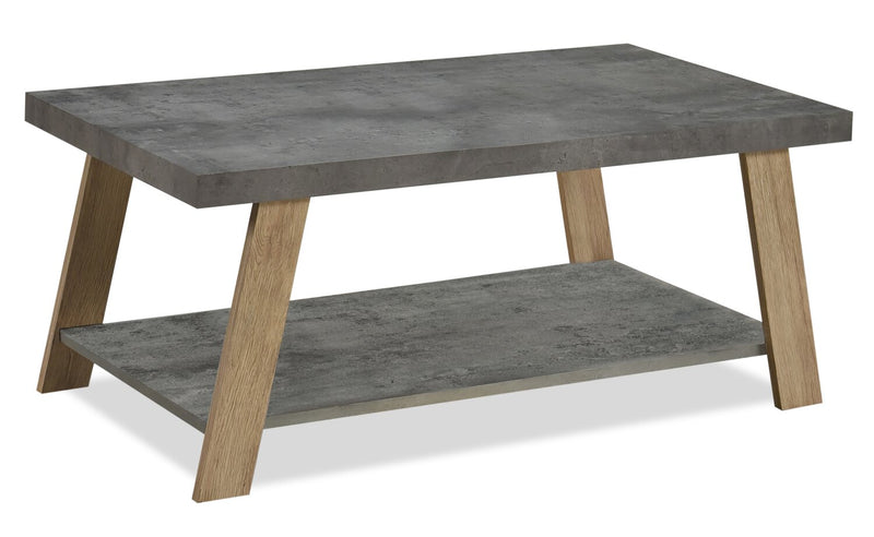 Kelly 43.3\" Modern Coffee Table with Shelf - Grey Stone Top with Light Wood Legs