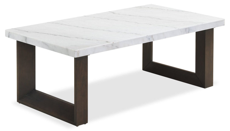 Silvia 48\" Modern Coffee Table - White and Grey Marble Look with Brown Wood Legs