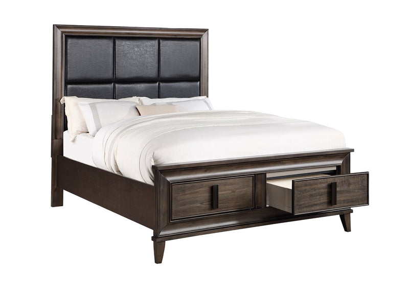 Kane 5pc Bedroom Set with Storage Bed, Dresser & Mirror, Vegan Leather, Brown - Queen Size