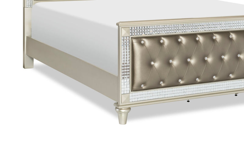 Tyra Panel Bed with Headboard & Frame, Glam, Vegan Leather, Button-Tufted, Champagne - King Size