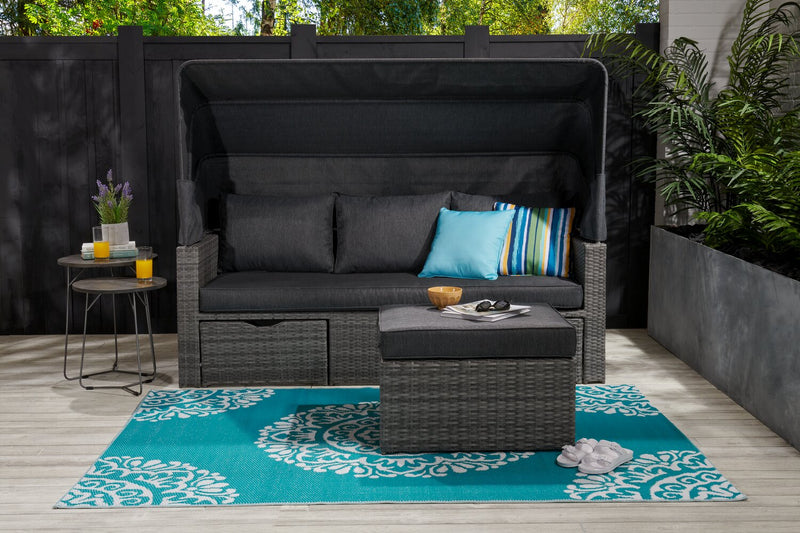 Cuba Canopy Outdoor Patio Conversation Set with Canopy Sofa, Ottoman & 2 Self-Storing Ottomans - Hand-Woven Resin Wicker, UV & Weather Resistant - Charcoal