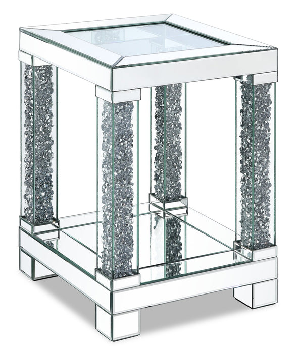 Berni 18\" Glam Mirror & Glass Top End Table with Shelf - Silver Metal with Diamond Look Legs