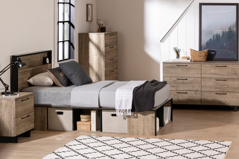 Everley Platform Bed Set with Panel Headboard, Built-in Storage & Baskets, Two-Tone - Full Size