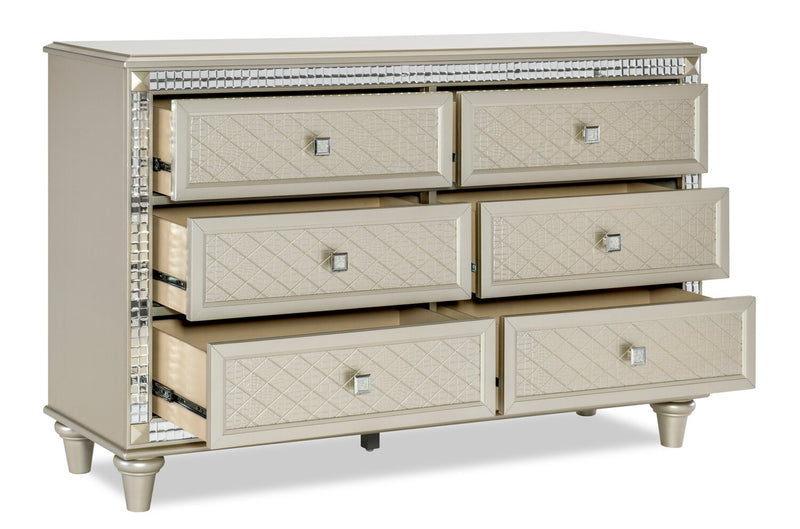 Tyra Bedroom 6-Drawer Dresser, 60.3\"W x 38.5\"H, Glam - Champagne