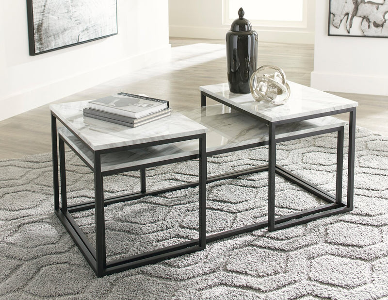 Donnesta 46\" Modern 3-Pack Coffee + 2 End Tables - Marble Look with Black Metal Frame