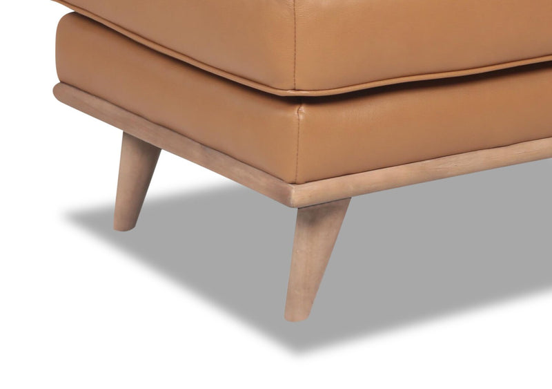 Vivia 28\" Genuine Leather Ottoman with Wood Base - Caramel Brown 