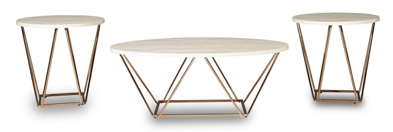 Tarica 47\" Modern Oval 3-Pack Coffee + 2 End Tables - Cream and Gold with Metal Legs