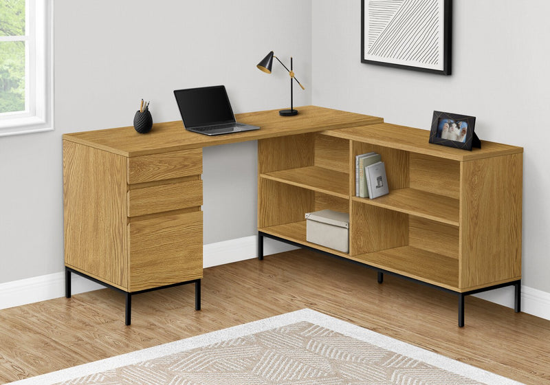 Sean 60\" L-Shaped Office Desk with 3-Drawers & 4 Cubbies - Oak