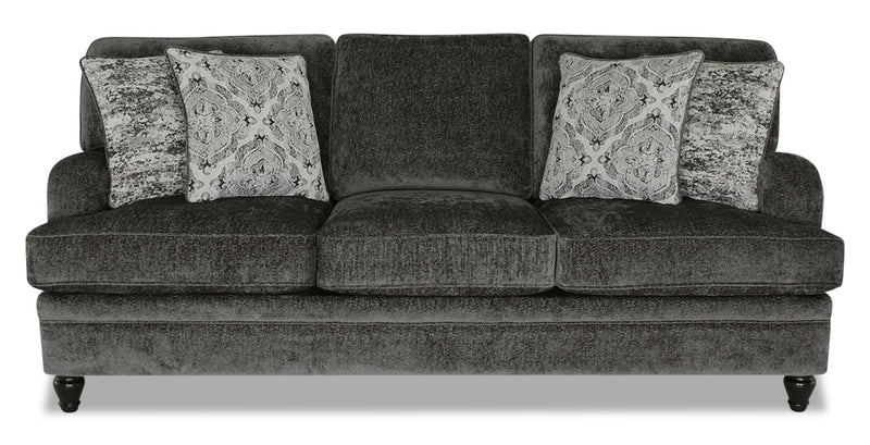Made in Canada Bellmont 89\" Chenille Fabric Sofa with Reversible Cushions and Wood Legs - Charcoal Grey