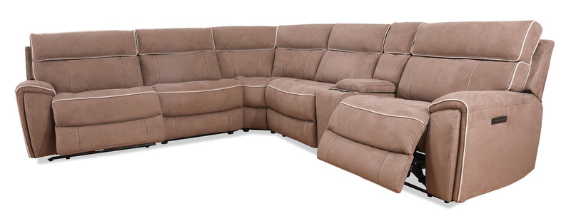 Cindy Crawford Home Newport 6-Piece Faux Suede Power Reclining Sectional with Storage Console and USB Port - Taupe